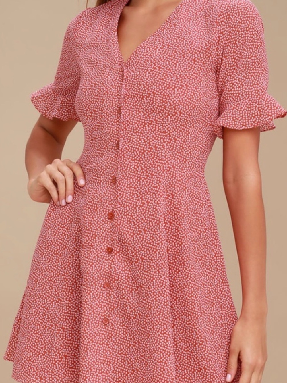 Lulu's Rose-Pink Ditsy Button-Front V-Neck Mini Dress